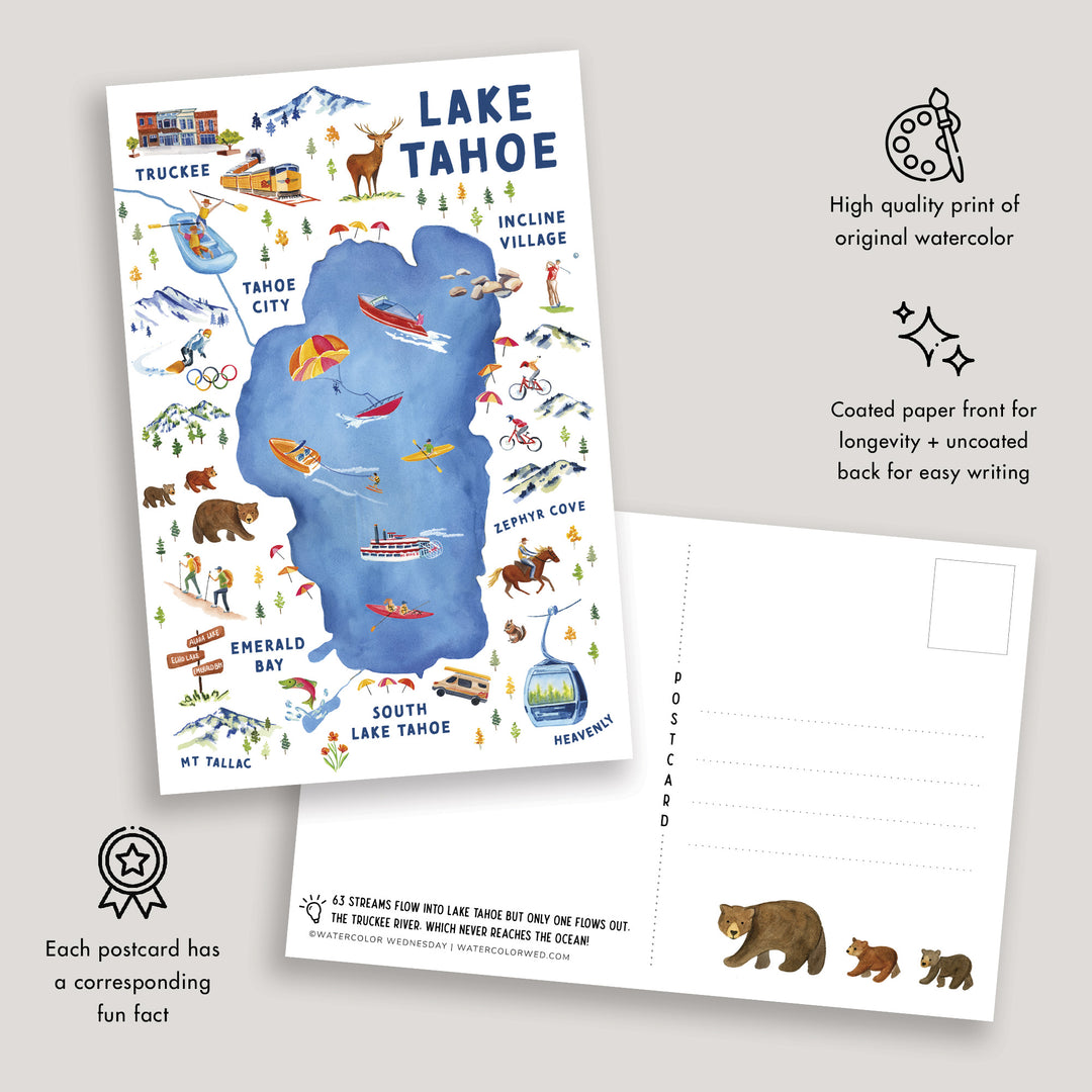 Lake Tahoe CA Watercolor Illustrated Map | Travel Postcard