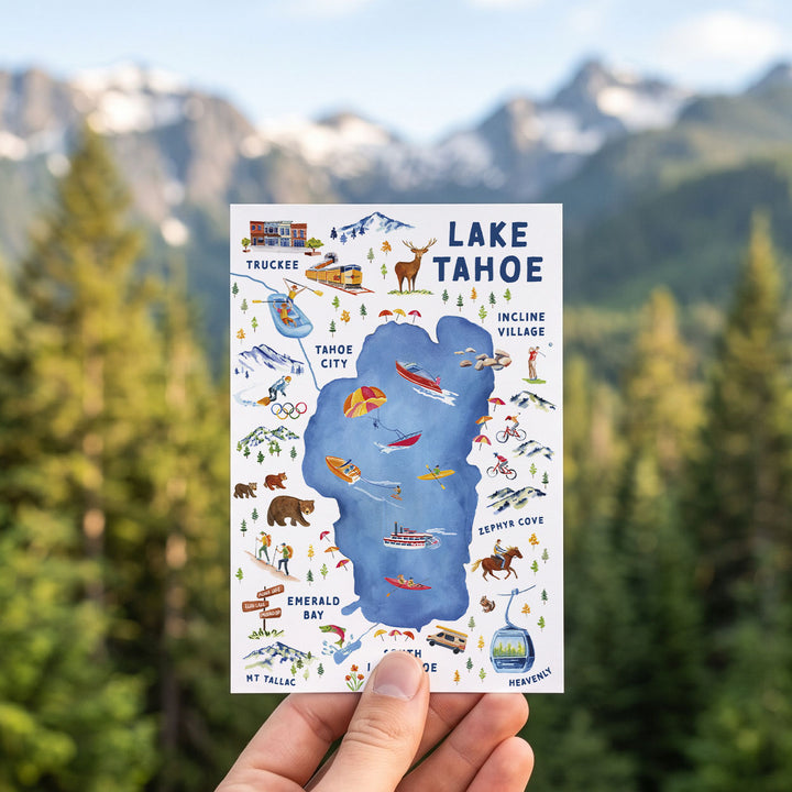 Lake Tahoe CA Watercolor Illustrated Map | Travel Postcard