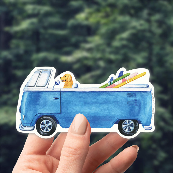 blue vw bus with golden retriever