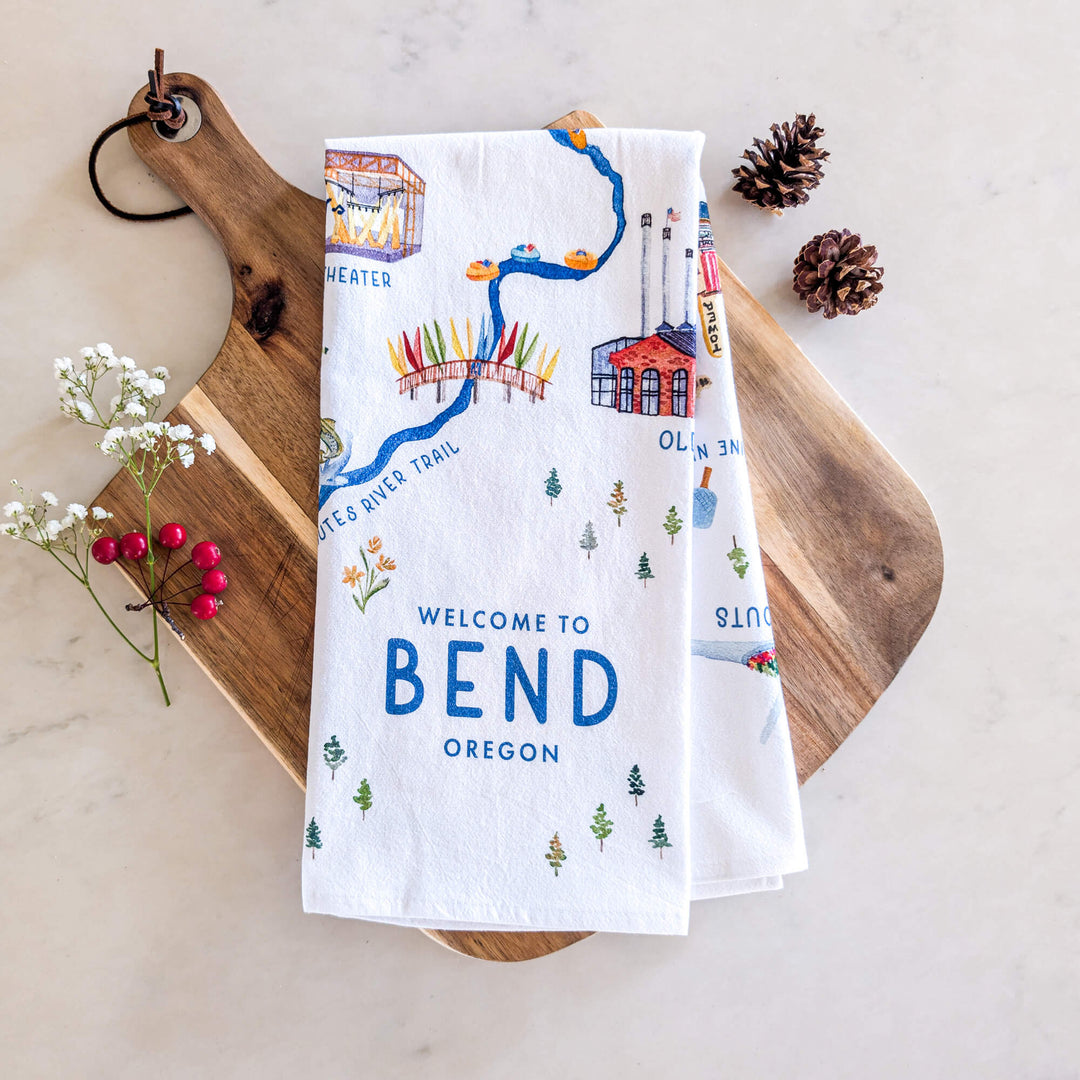 a tea towel with a map of bend oregon on it