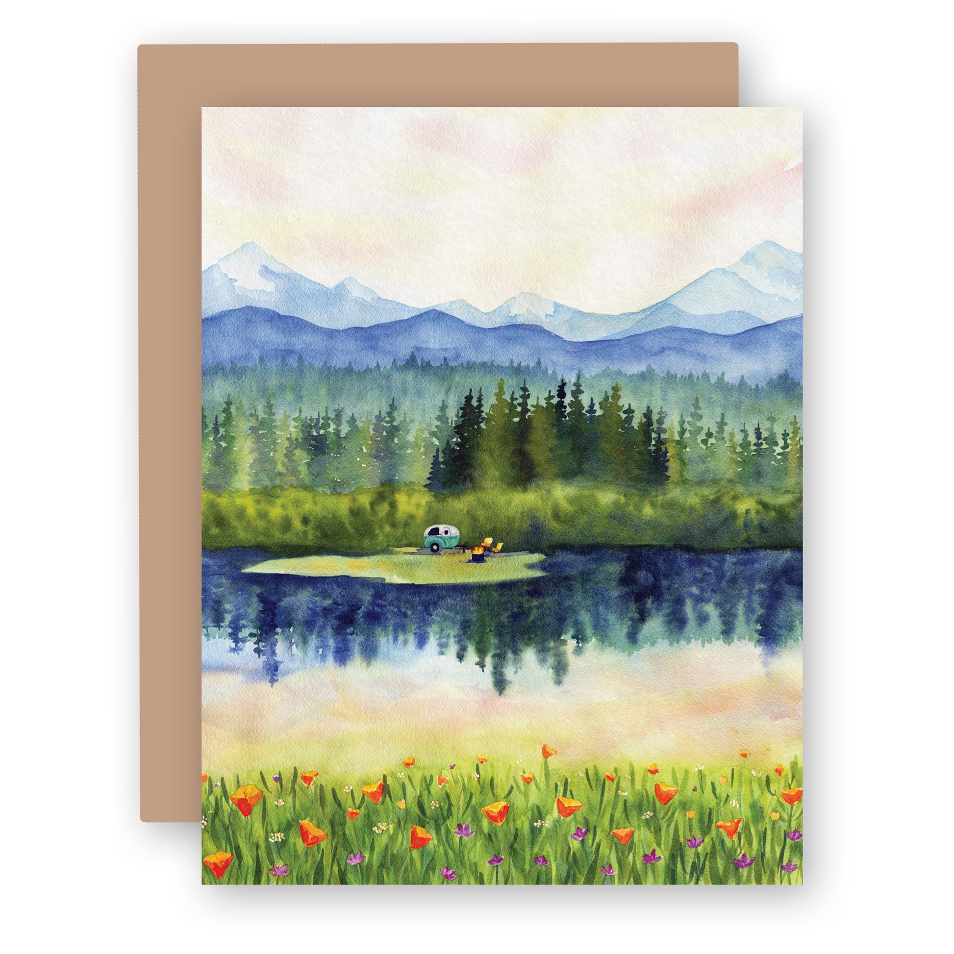 a card with a painting of a lake and mountains