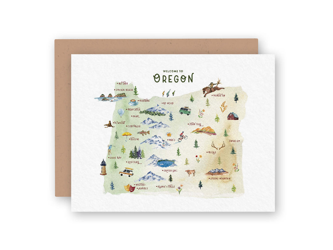 a greeting card with a map of oregon and it's iconic landmarks like, mt. hood, crater lake, haystack rock