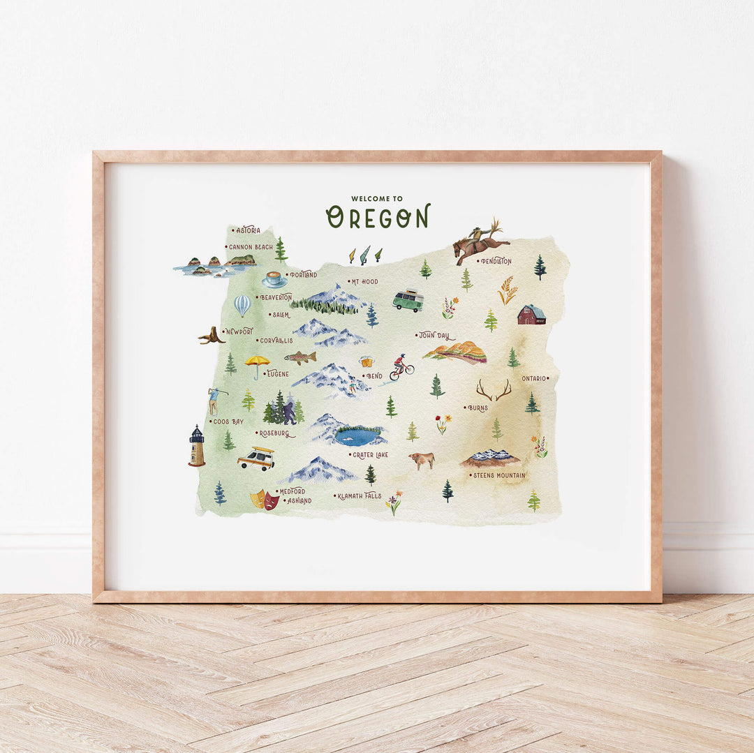 a watercolor map of oregon in a wooden frame