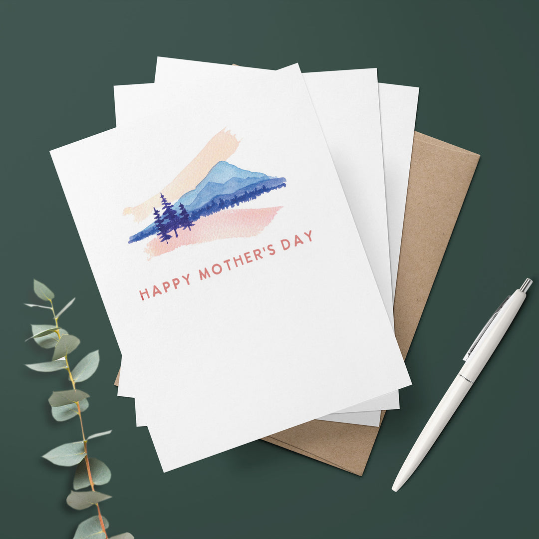 three mountain themed greeting cards with the words happy mother's day on them