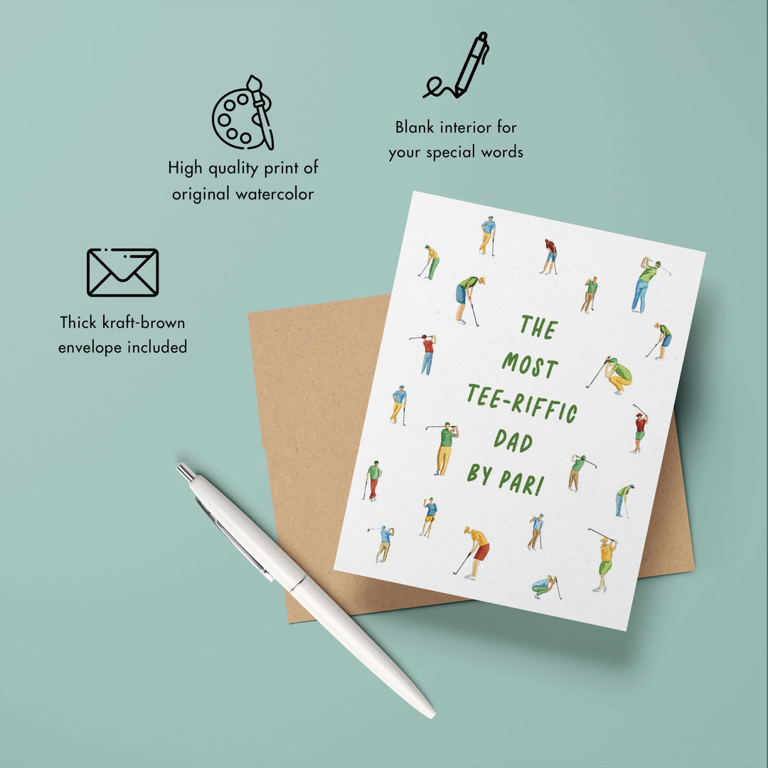 a greeting card with the words, the most tee-riffic dad by par, a golfer dad fathers day or birthday card