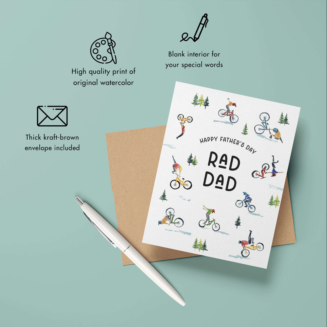 a father's day card with mountain bikes and the words, happy father's day,