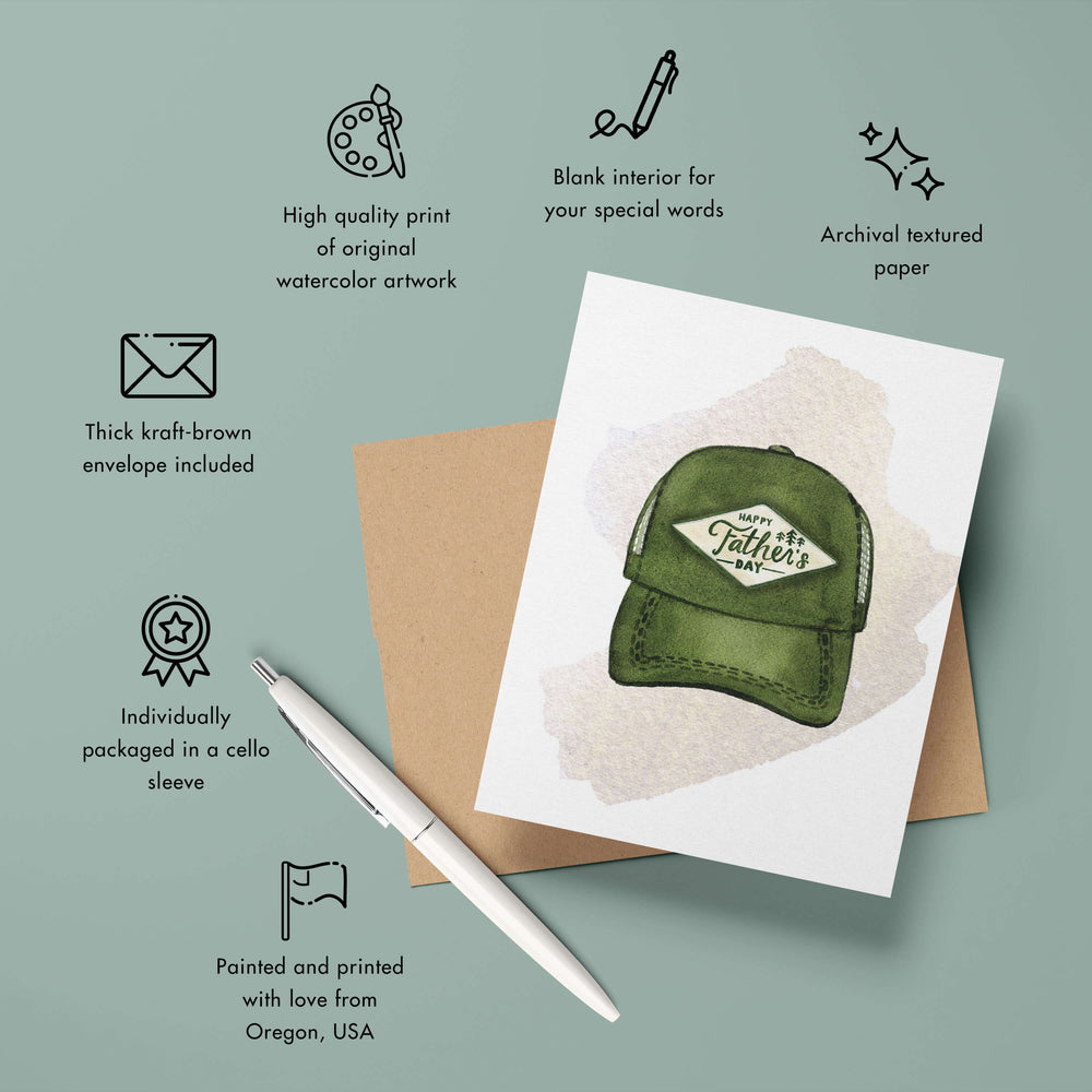 a father's day card with a green trucker hat