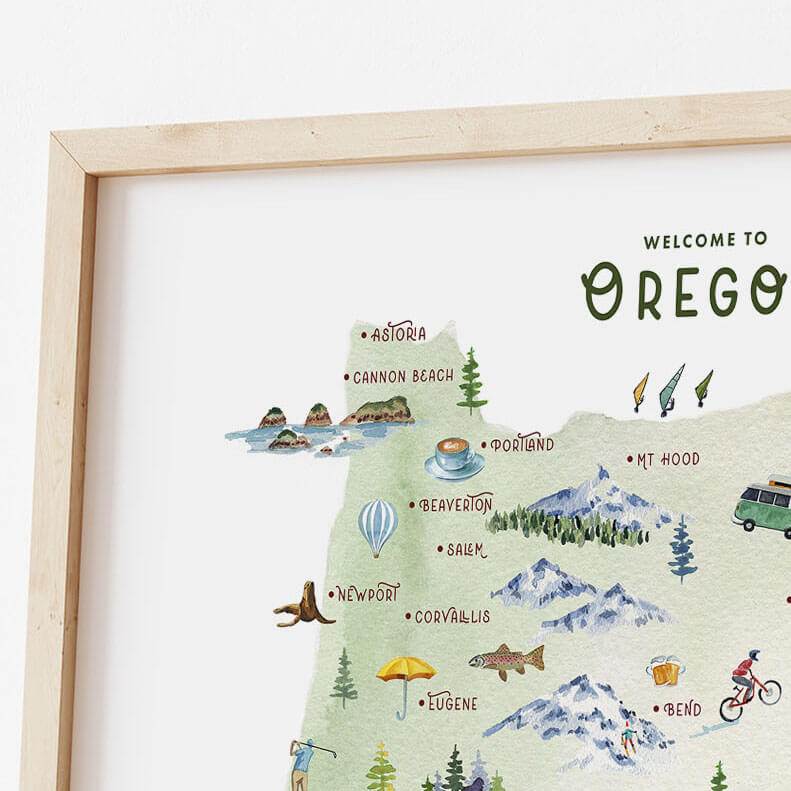 a watercolor map of oregon with a wooden frame