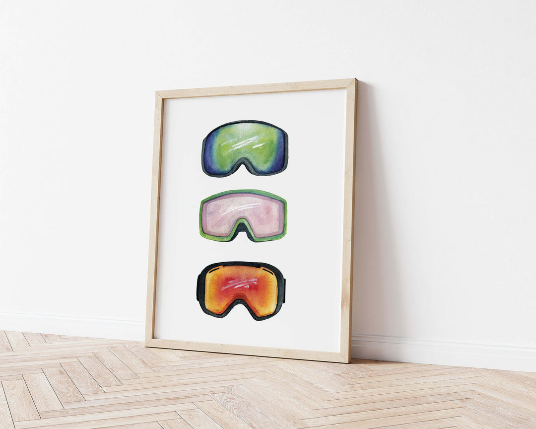 a hand painted watercolor painting of a pair of ski goggles