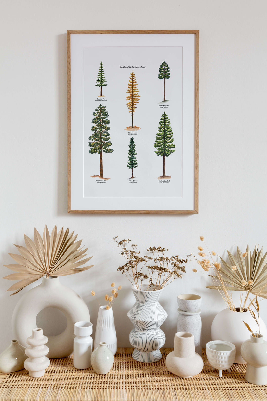 a collection of vases and frame watercolor print of pine trees