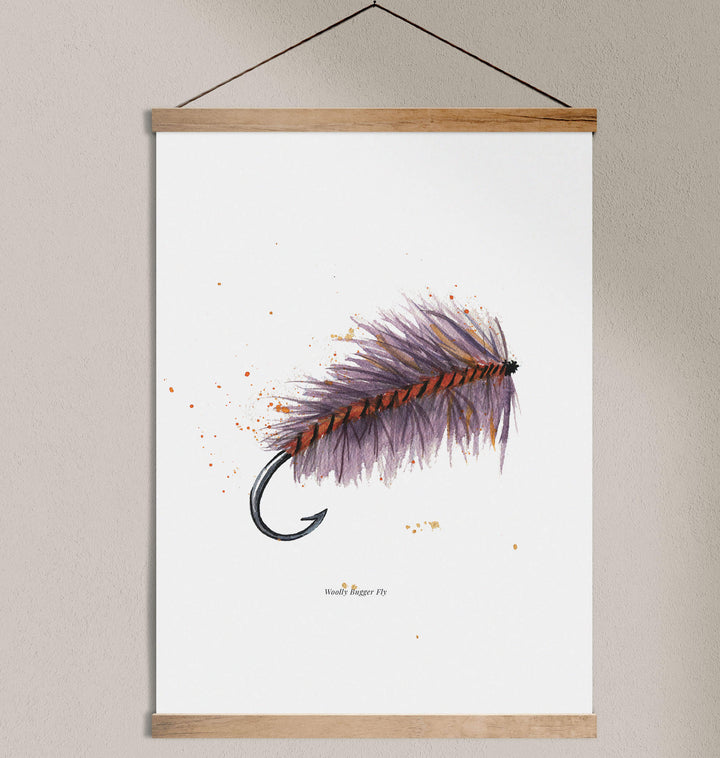 wooden poster frame of a purple salmon fly tie