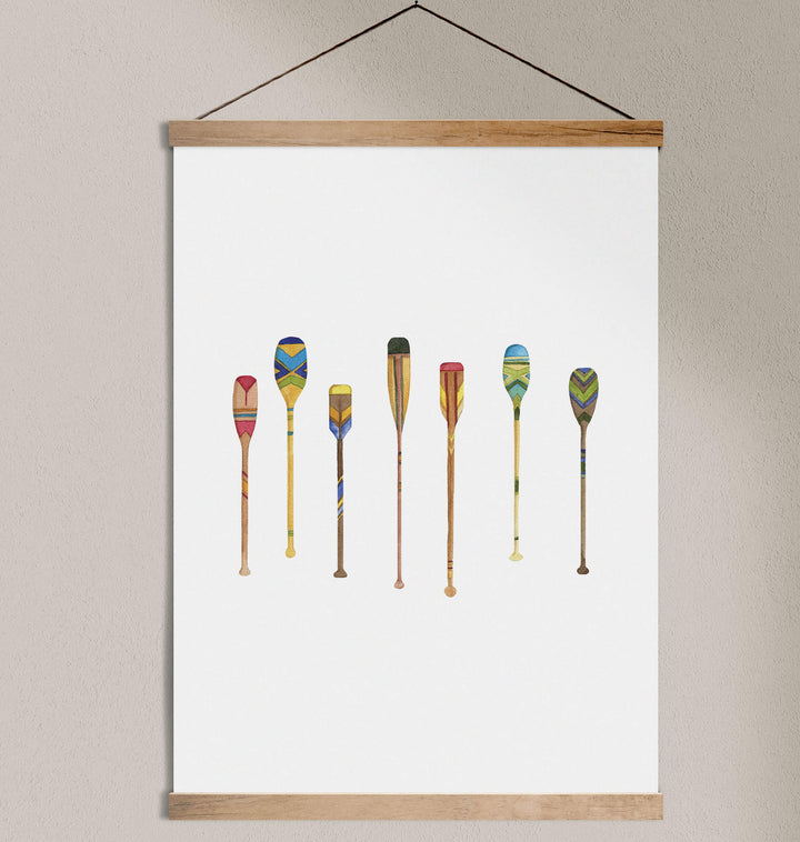 modern watercolor painting of colorful vintage canoe paddles