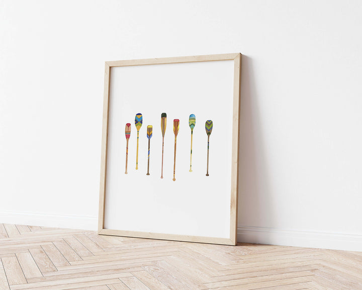 oak framed watercolor art print of canoe paddles