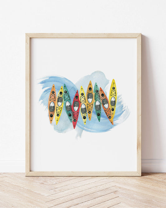 a painting of a group of colorful kayaks floating in the water