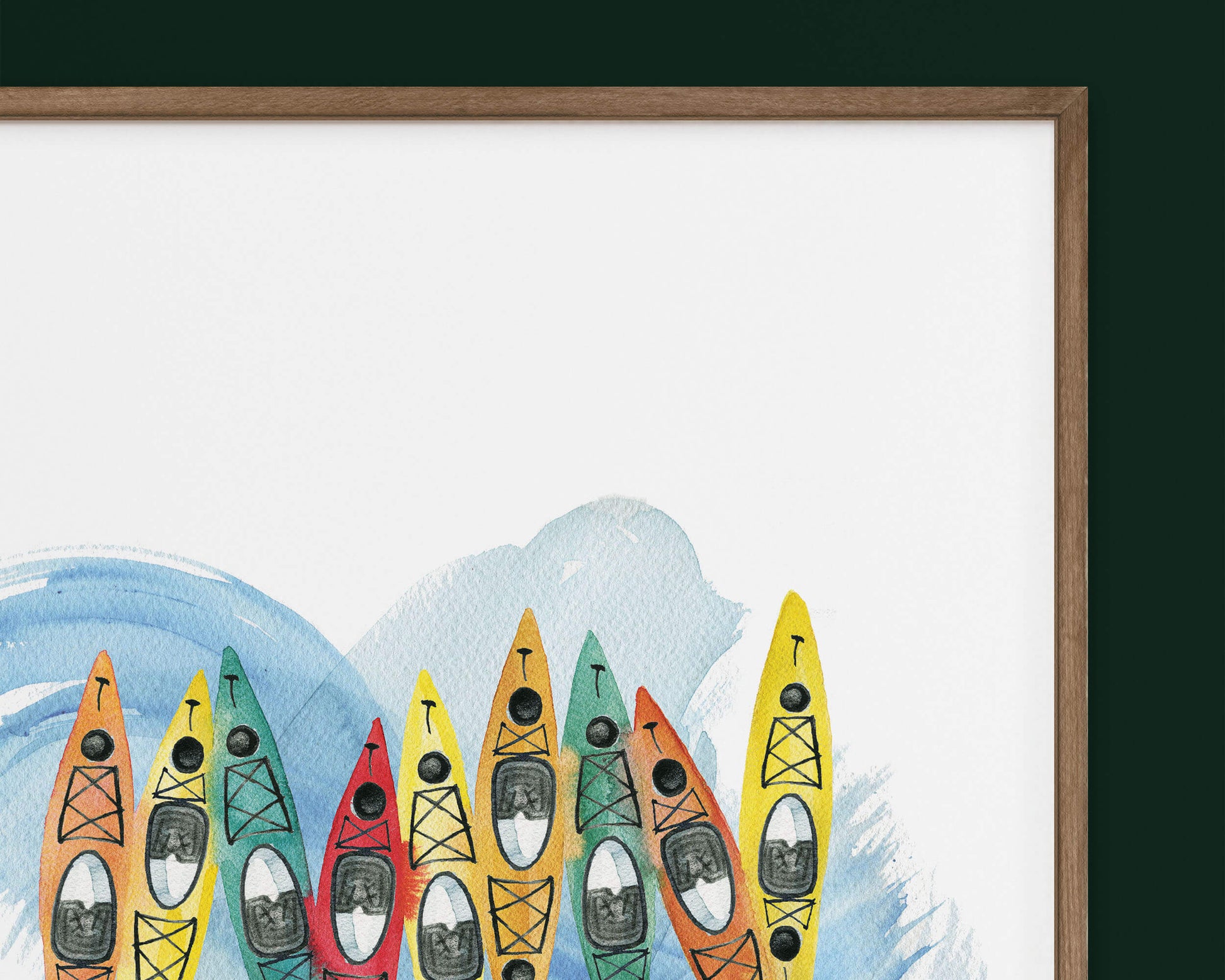 a detail view of a painting of a row of colorful kayaks