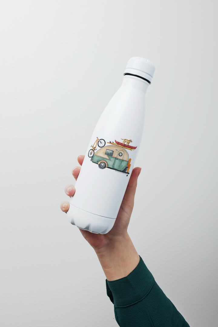 a person holding a white water bottle with a camper themed sticker on it