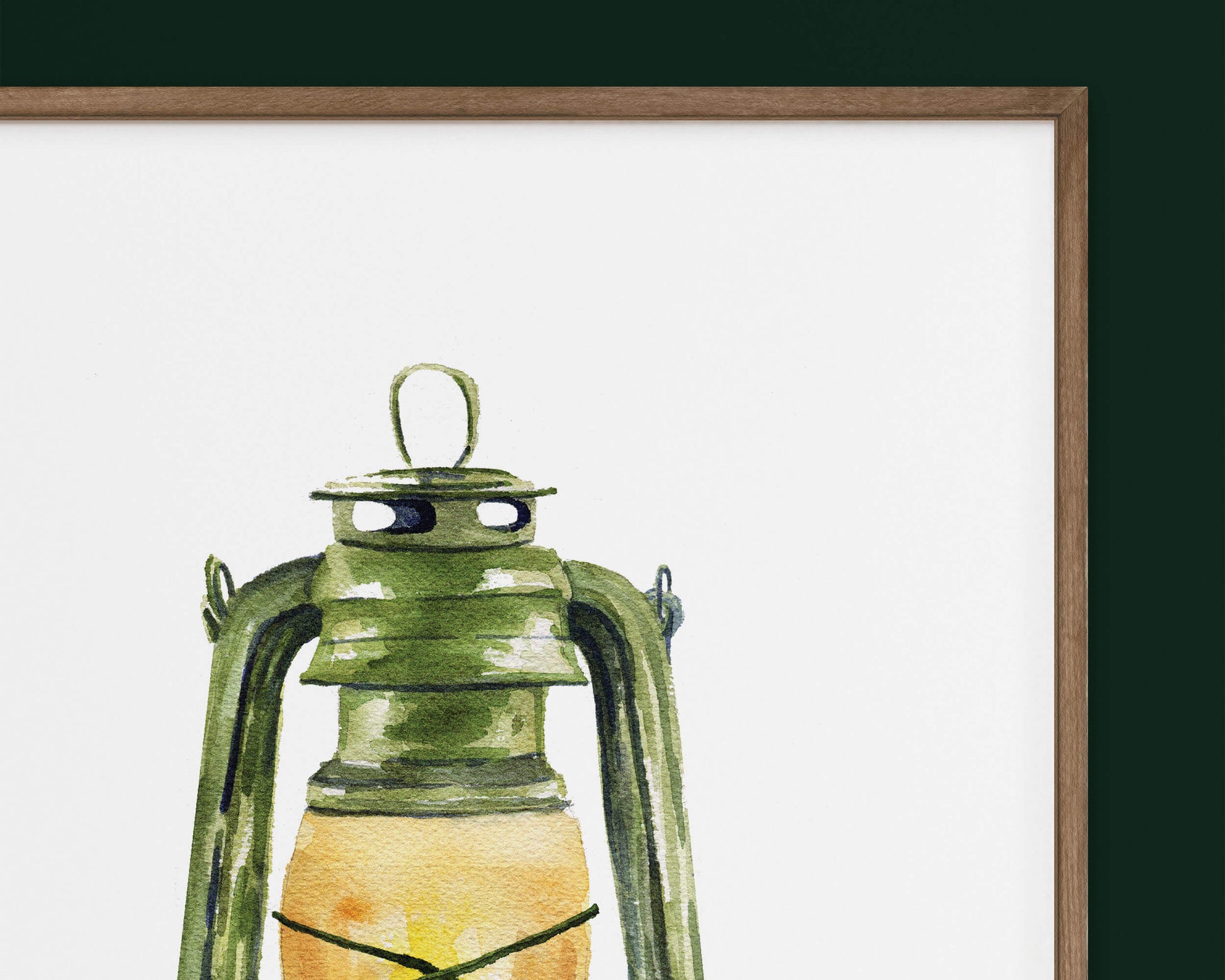a watercolor painting of a retro green camping lantern