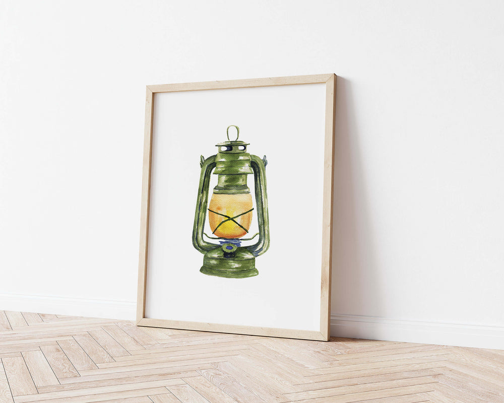 a watercolor painting of a green lantern on a wall