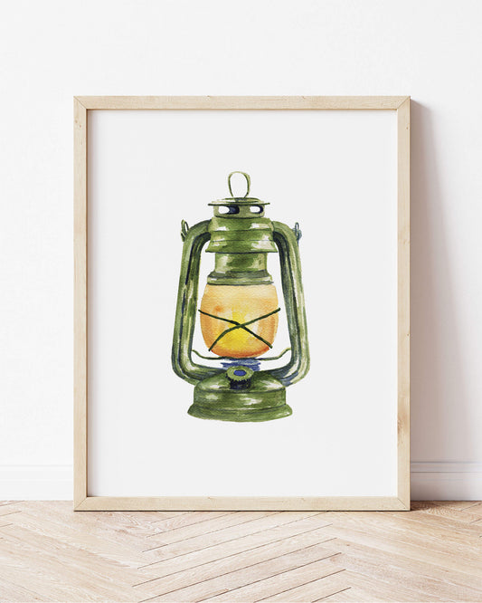 a painting of a green lantern with a yellow light inside