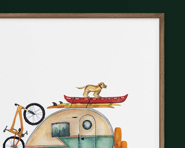 a watercolor painting of a trailer with a dog on top of it and adventure gear