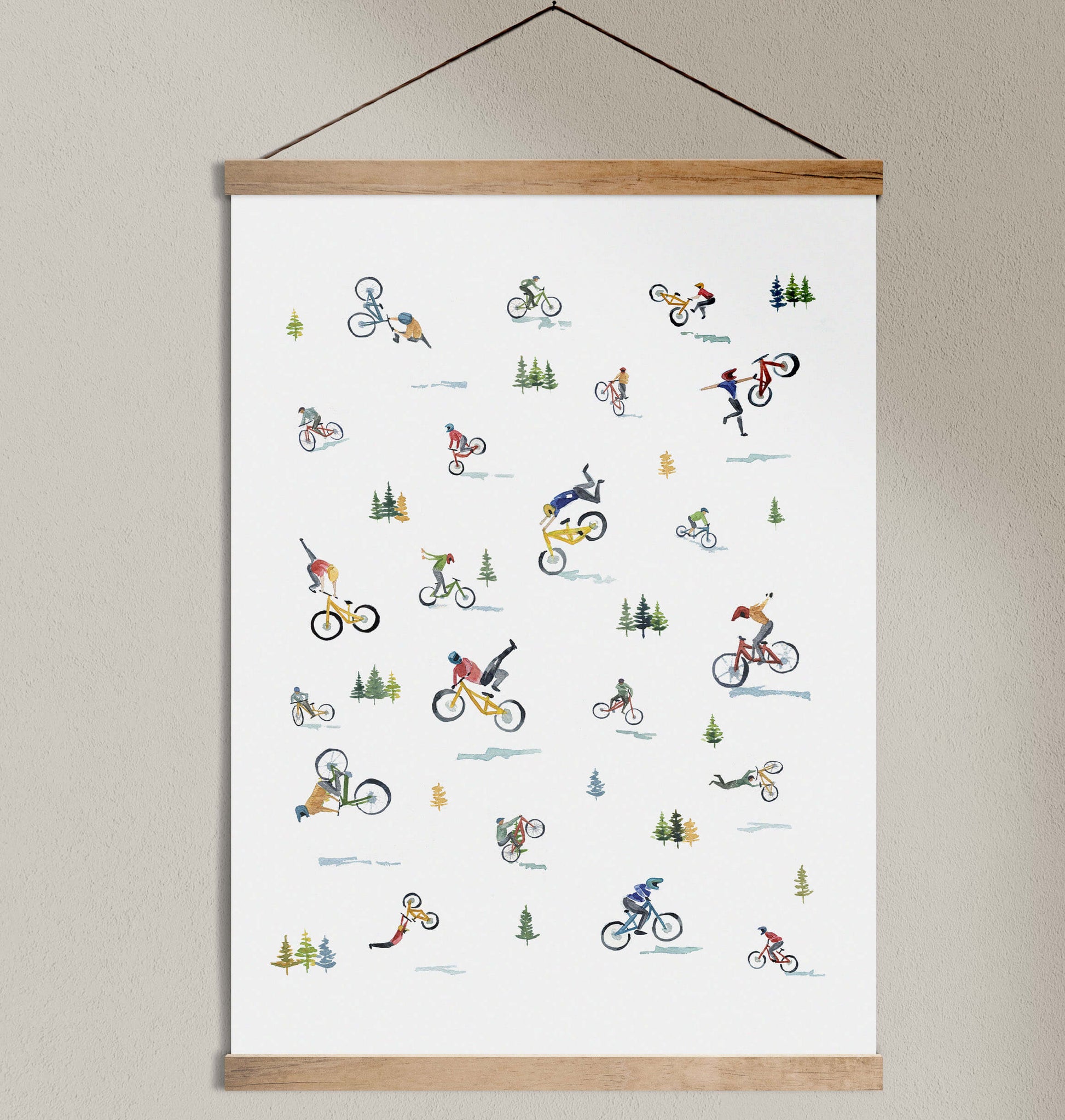 a picture hanging on a wall of mountain bikers with a wooden frame
