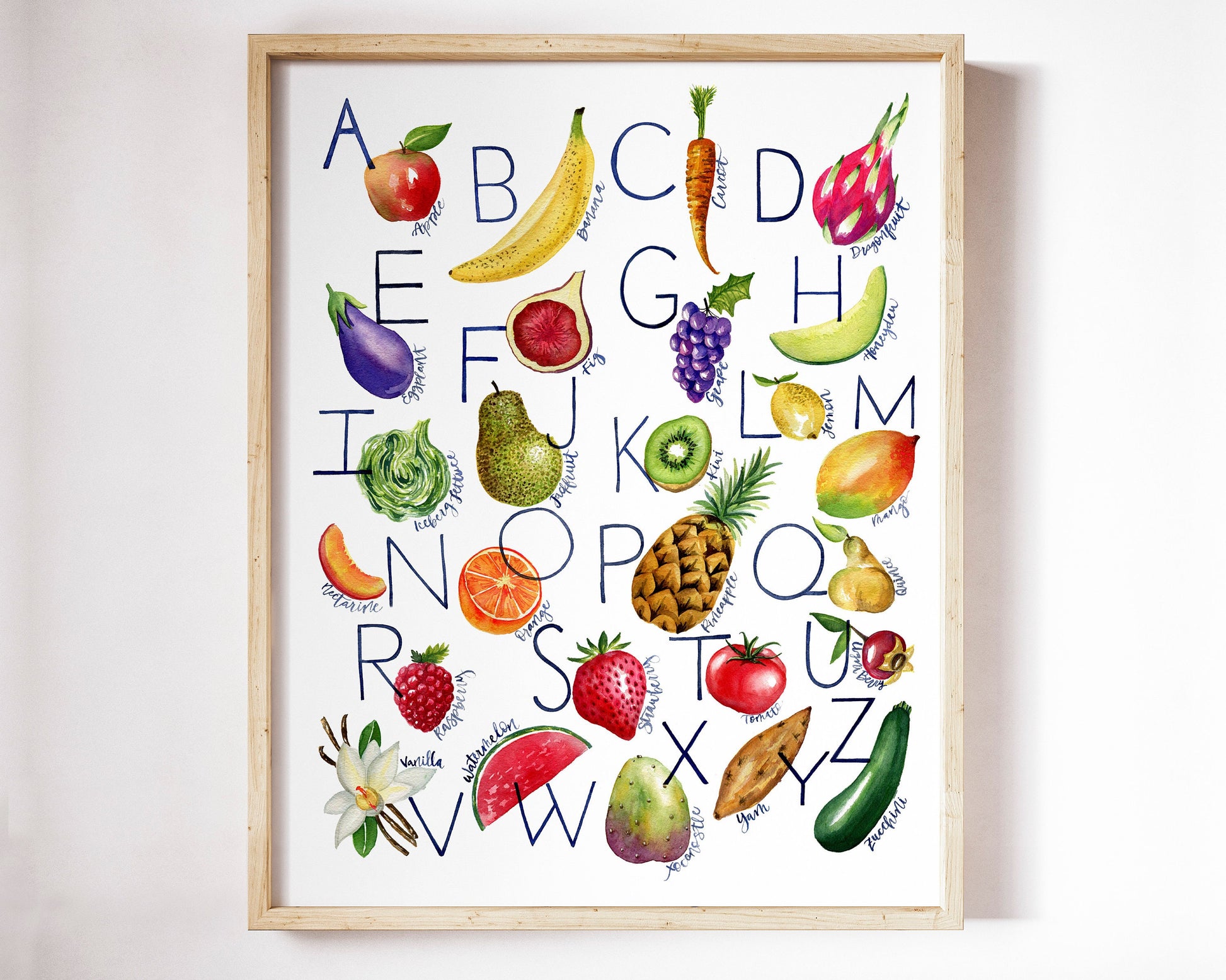 a framed watercolor picture of fruits and vegetables on a white background