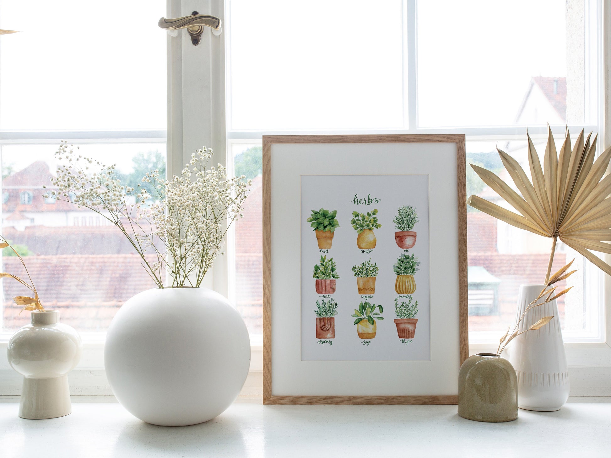 a picture of a painting of potted herb plants on a window sill for kitchen art