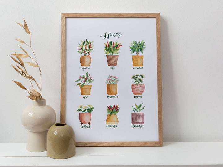 a picture of potted culinary spice plants on a shelf next to a vase