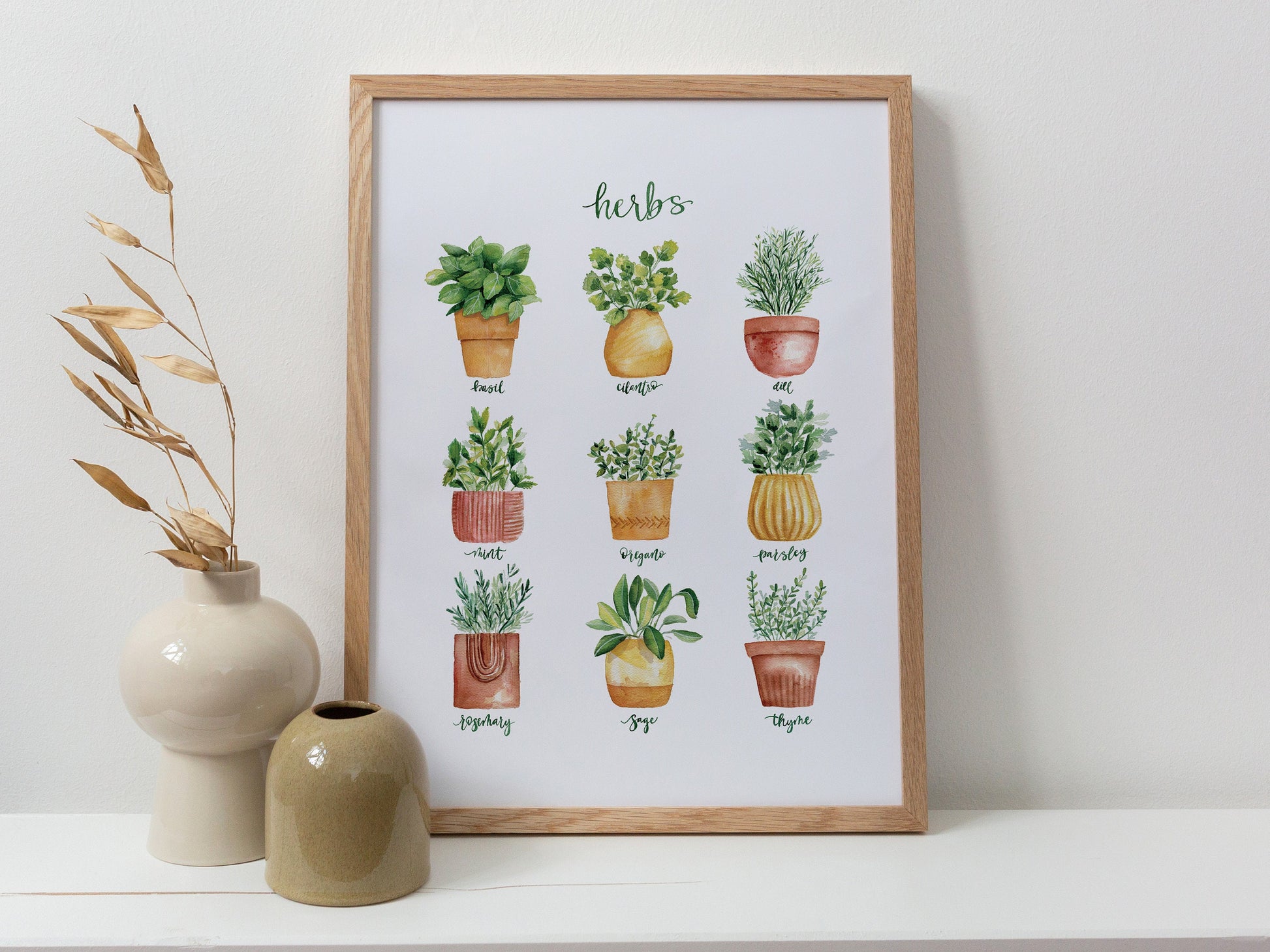 watercolor oak wood frame with kitchen herb plants