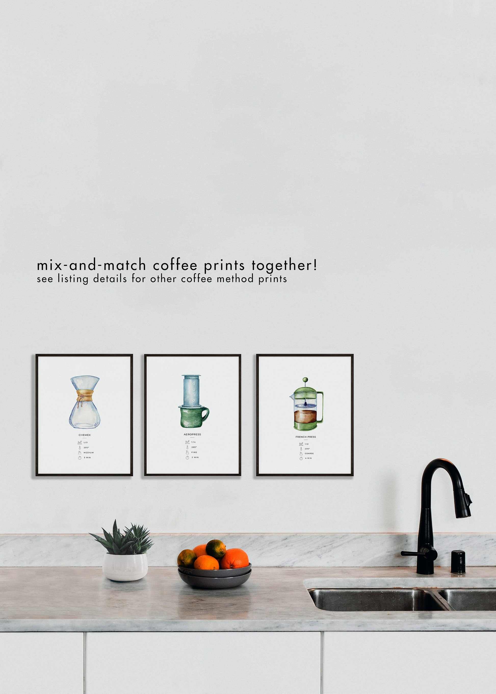 three coffee inspired watercolor art work hanging on a wall