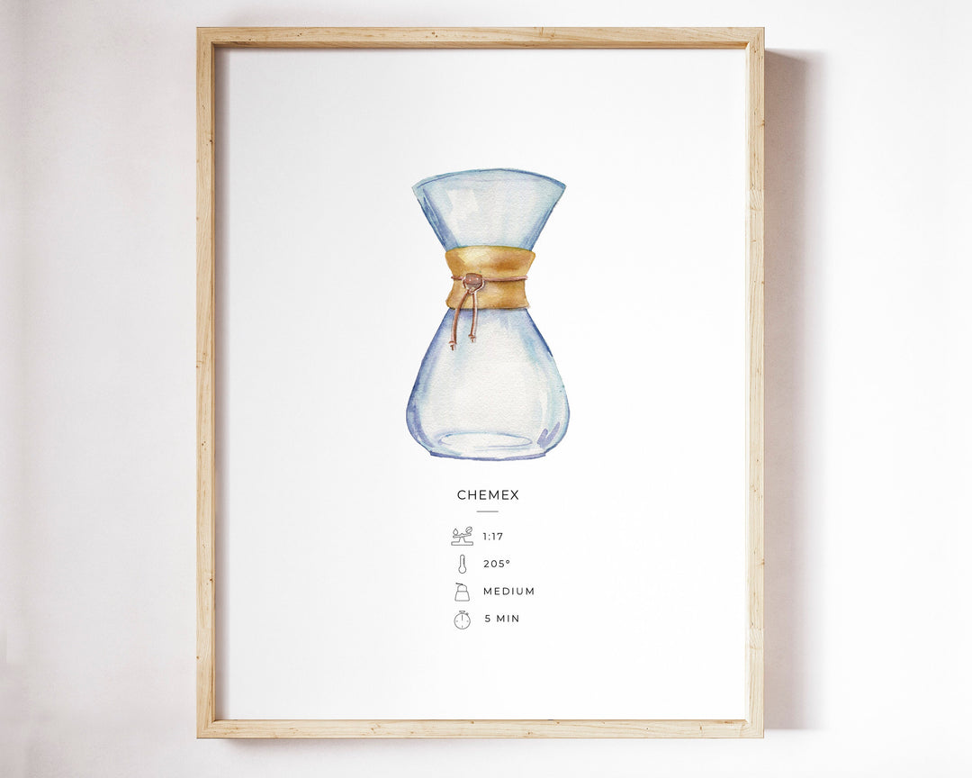 a watercolor painting of a chemex coffee art print