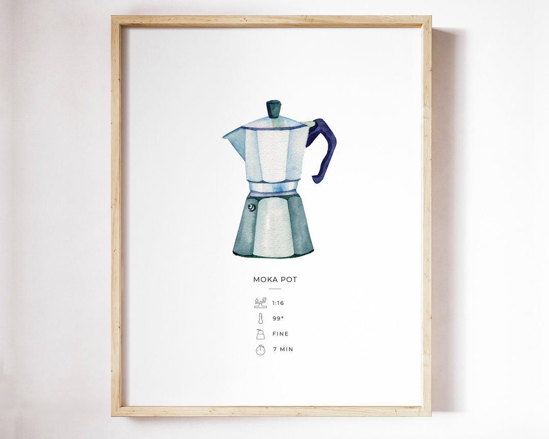 a watercolor picture of a moka pot coffee pot on a kitchen wall