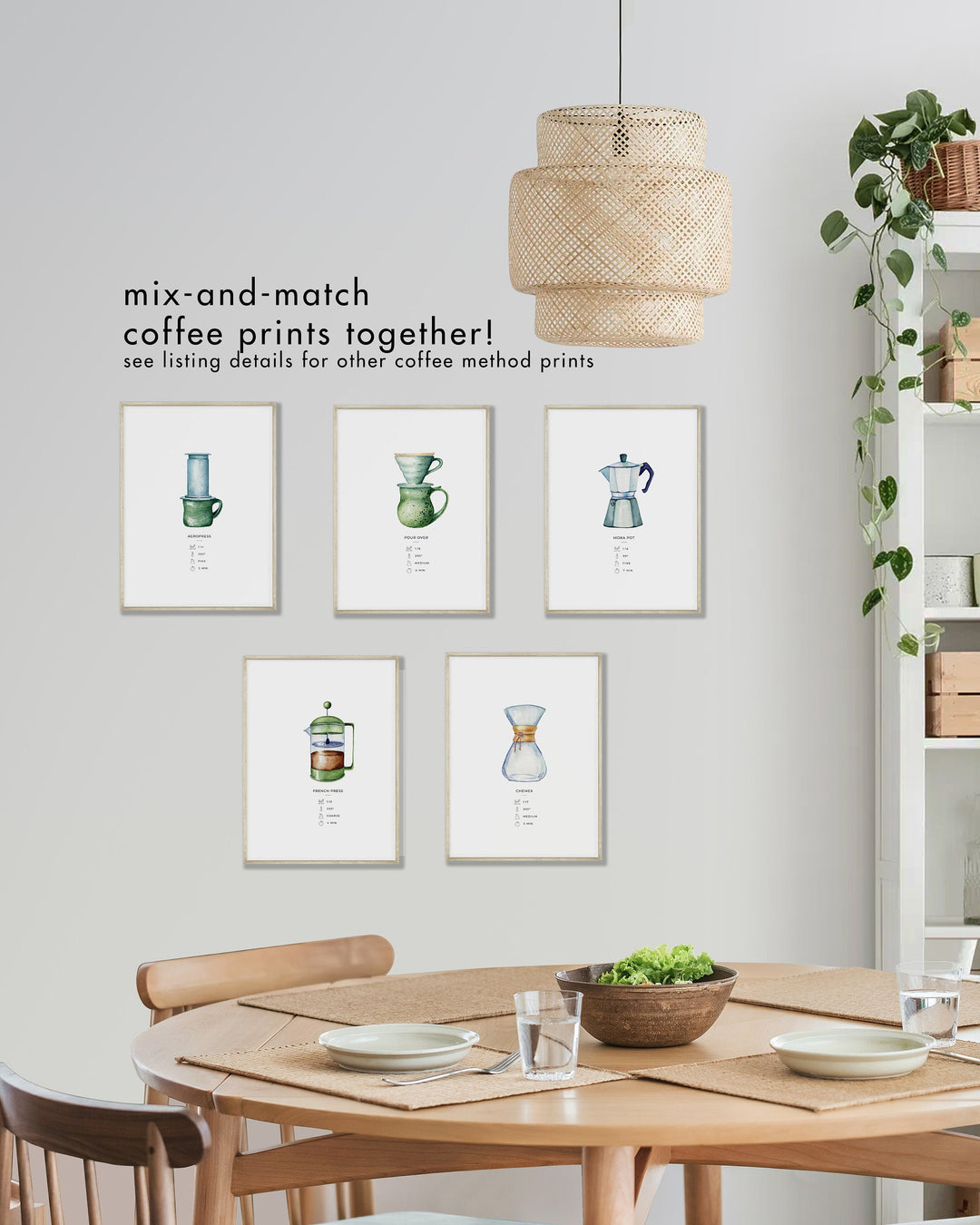 collection of coffee inspired art work hung on a wall in the dining room