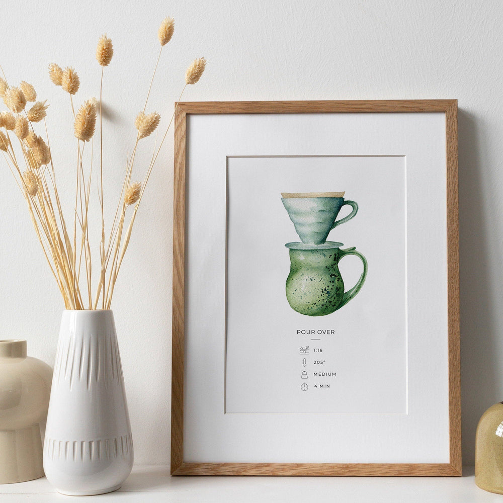 a picture of a green coffee cup with a pour over on it
