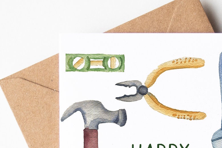 a happy birthday card with a hammer and a wrench