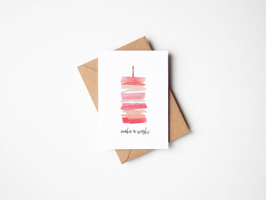 Make A Wish Birthday Card with Watercolor Pink Cake | Blank Interior