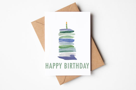 Watercolor Blue Cake Happy Birthday Greeting Card | Blank Interior