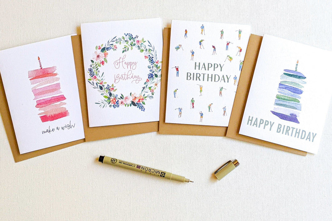 variety of watercolor birthday cards